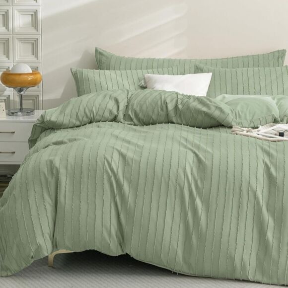 Queen Size Light Sage Green Boho Tufted Striped Duvet Cover Set - Picture 6 of 12